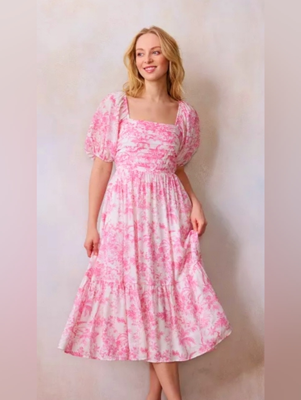 LC Lauren Conrad Pink Toile Square-Neck Midi Dress